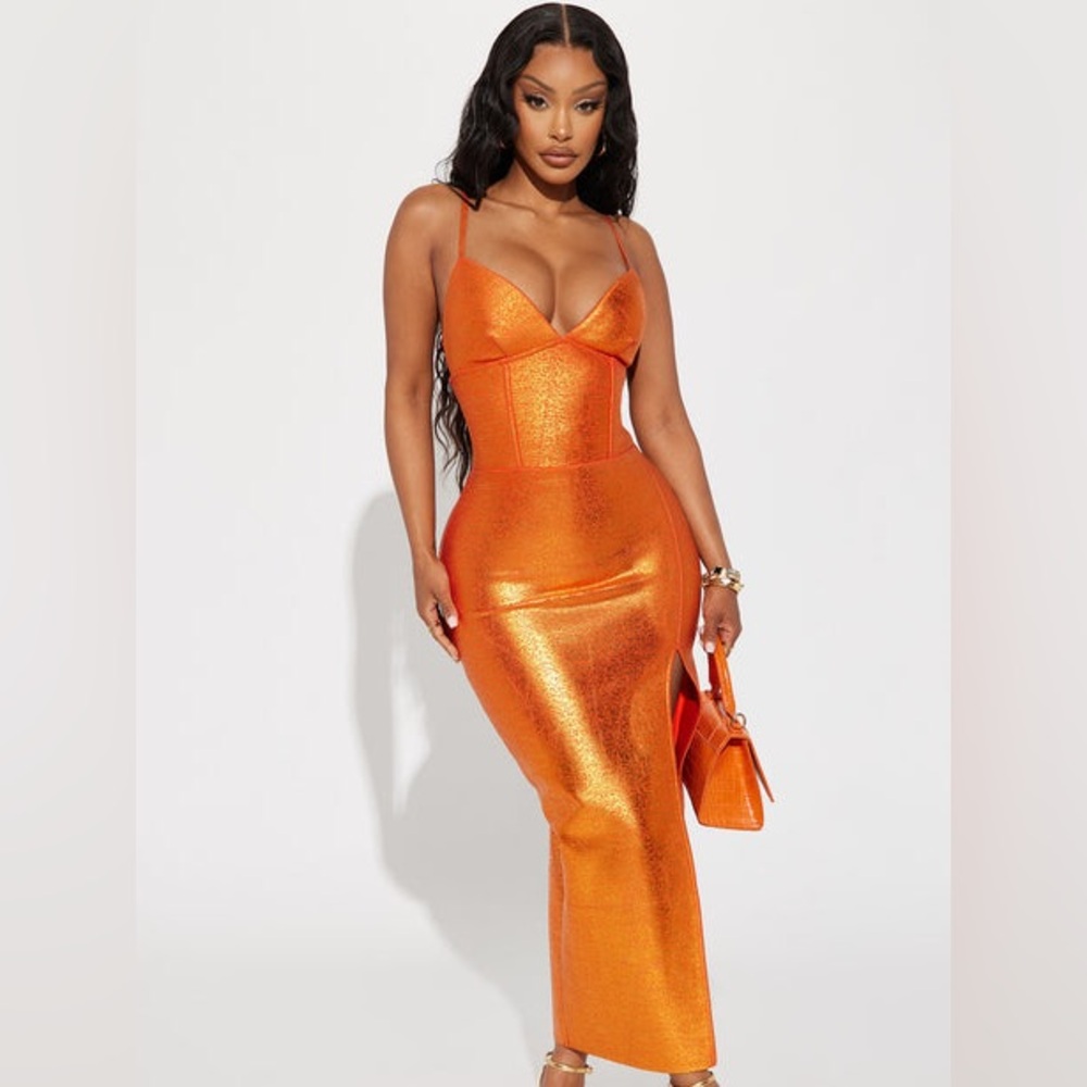 FashionNova Ashley Metallic Bandage Maxi Dress - Orange